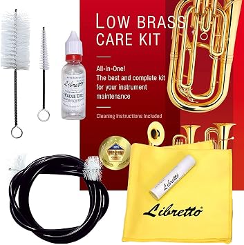 Libretto Low Brass ALL-INCLUSIVE Cleaning Kit with Instructions Valve Oil + Slide Grease + Cleaning Cloth + Mouthpiece/Valve/Bore Brushes. A Great Gift for Tuba, Euphonium, Baritone, Sousaphone &More