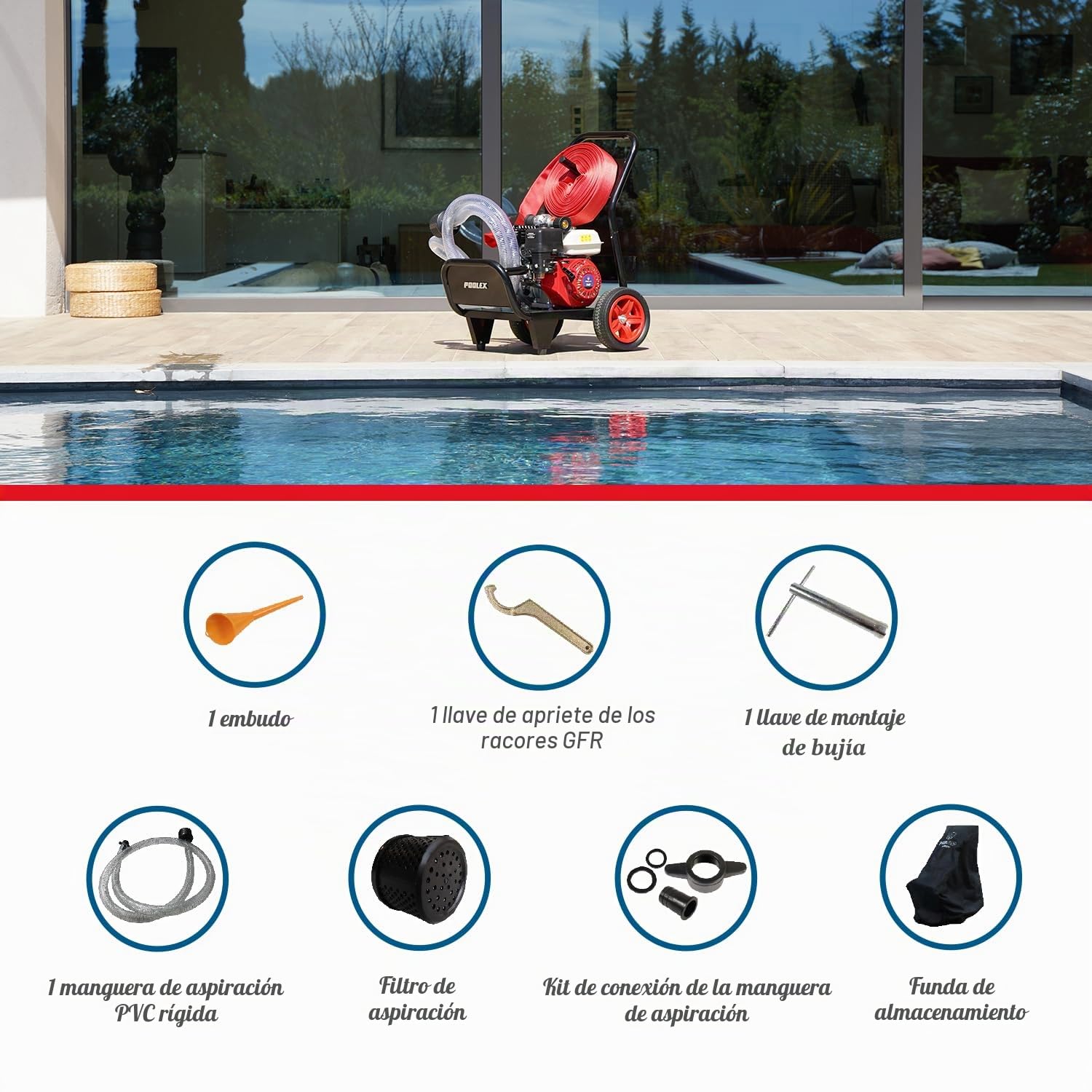 POOLEX Pool Sam - Motobomba Defensa Salida Incendio Forestal Capacidad 16 m³/h - Autonomía 4 Horas - Distancia Manguera 25 m - Alcance de proyección 25 m - Motor térmico 7 CV - Bar presión 7