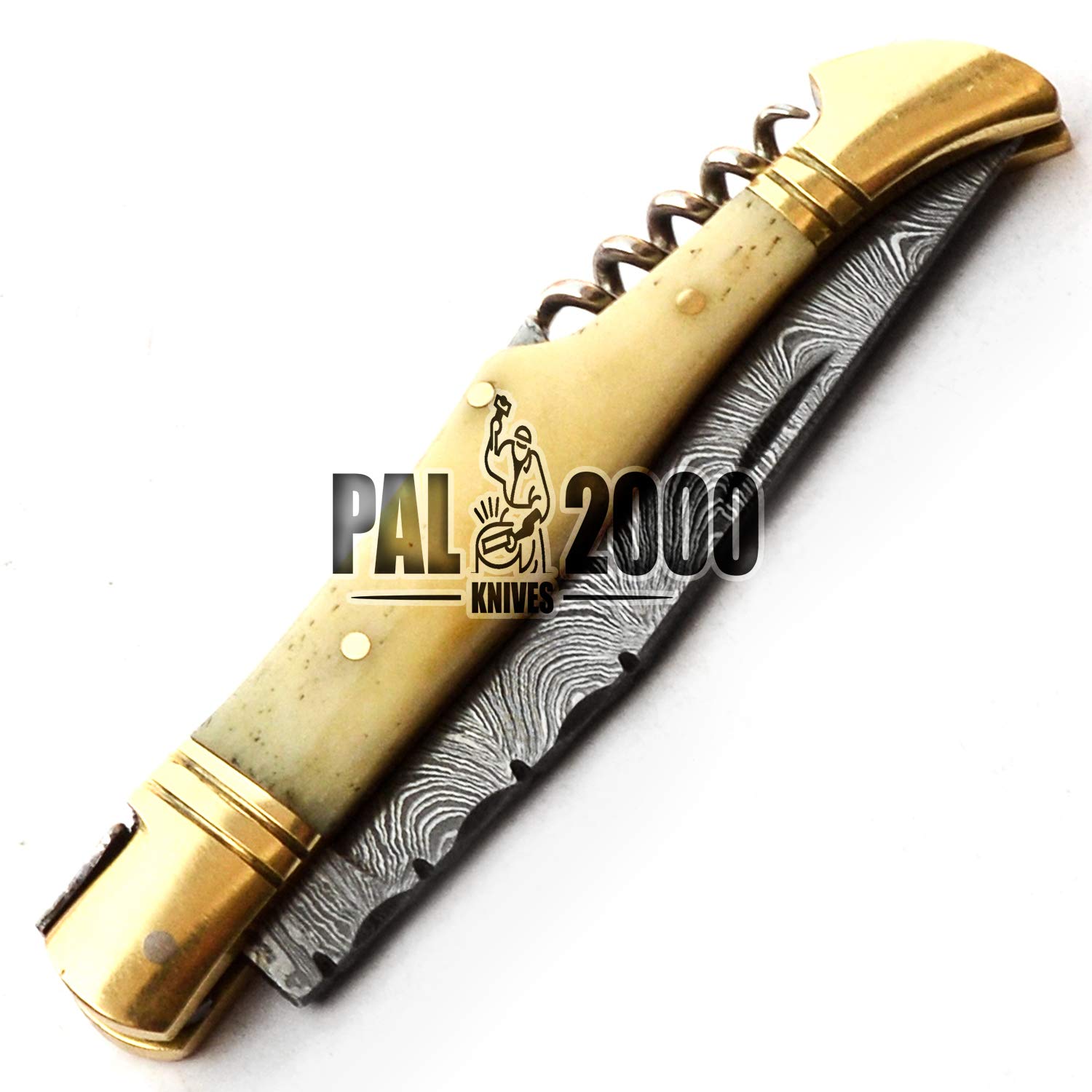 8909 - Couteau en acier damassé fait main, universel, avec étui en cuir de haute qualité
