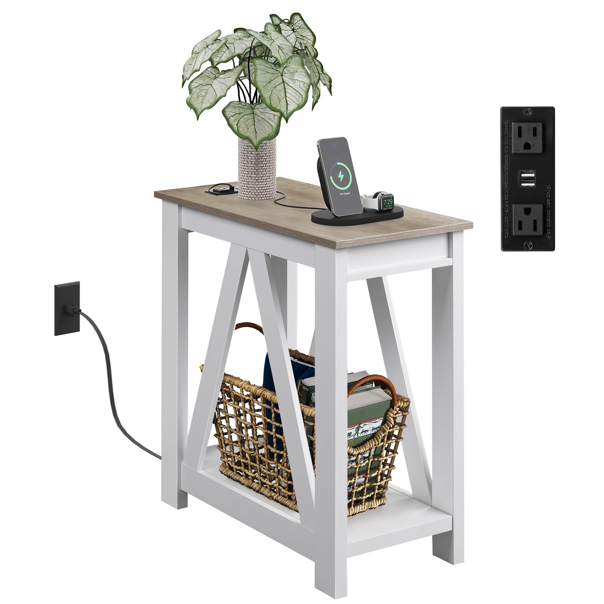 WLIVE Farmhouse End Table, Narrow Side Table with Charging Station, Slim End Table, Side Table for Bedroom, Living Room, Small Spaces, with 2 USB and 2 Power Outlets, 11.8" D x 23.6" W x 23.74" HThe Forest Stewardship Council