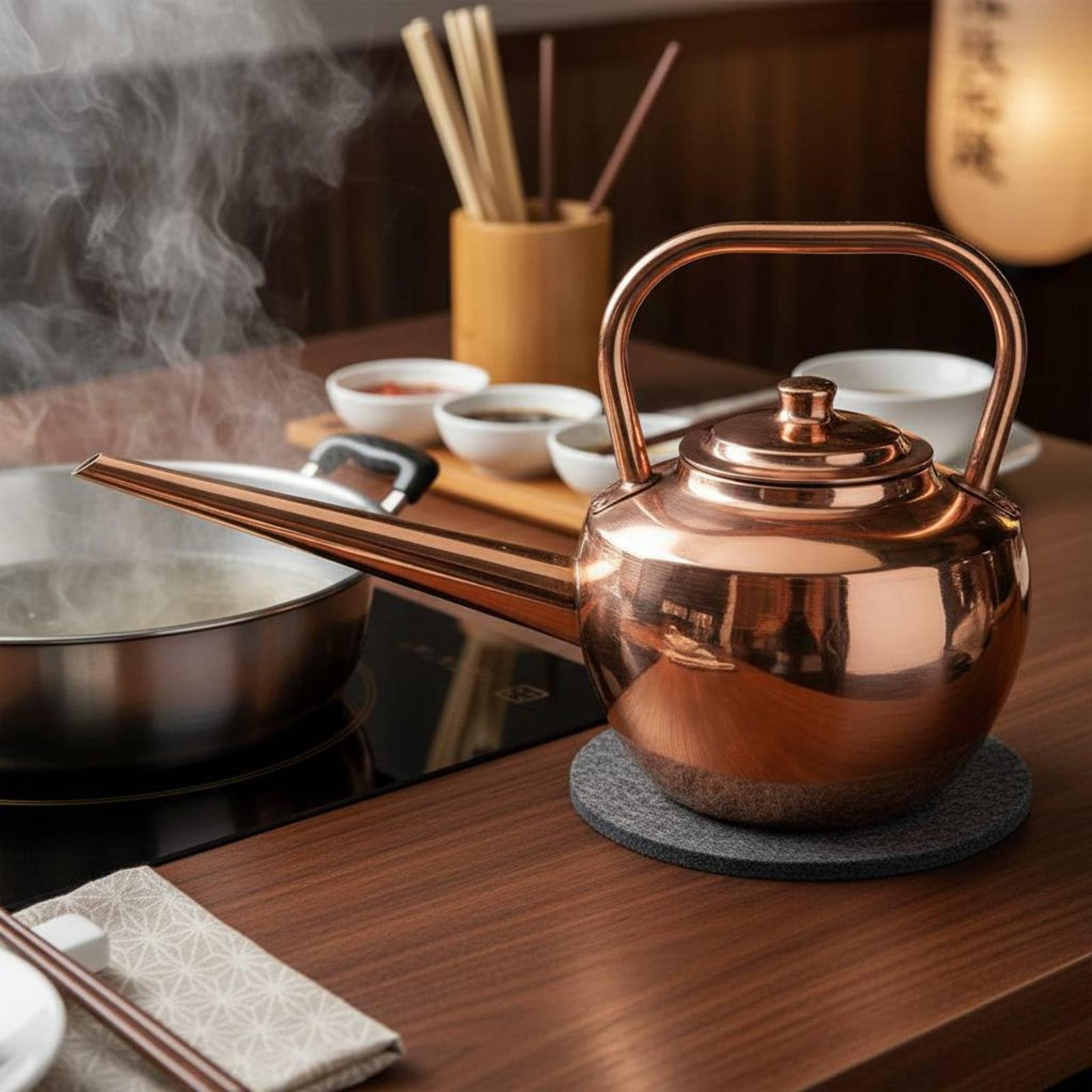 Kupfer Suppenkelle Kupferkessel Warmtopf Ausgießkanne Schöpfkelle Kupferkörper mit Langem Ausguss Gleichmäßiger Fluss für Und Wasser für Gastronomie Buffet Esstisch Hotpot, Kupfer, 5 Liter