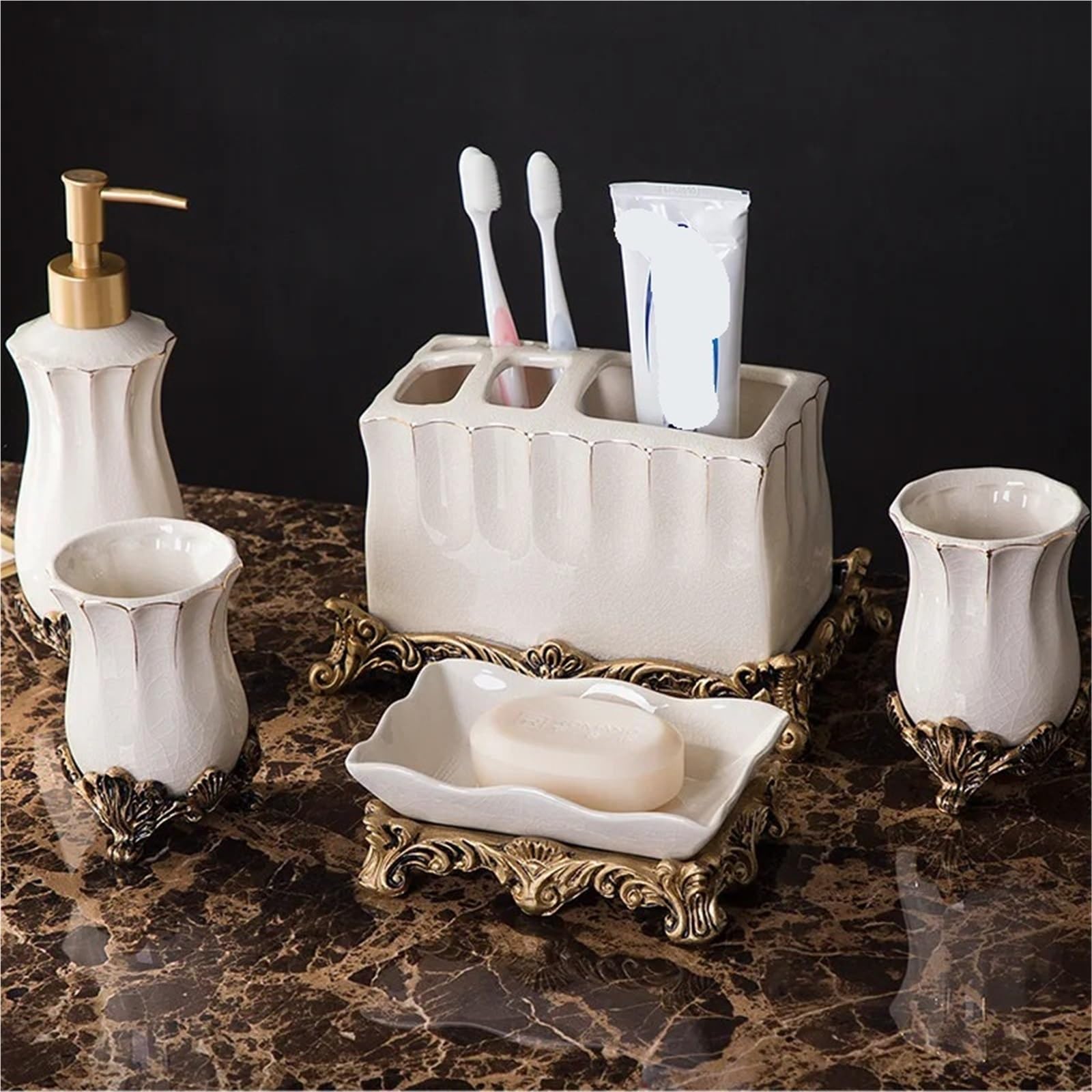 Berührungsloser Seifenspender zur Wandmontage, Seifenspender-Badezimmerset, Badezimmerzubehör, Seifenspender, Seifenschale und Zahnbürstenhalter, Retro-Luxus-Stil(Soap Dish 1)