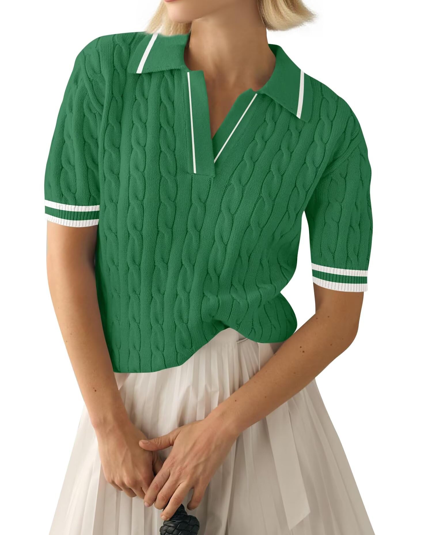LACOZY Polo d'été à manches courtes et col en V pour femme - Décontracté et léger - Tricot côtelé