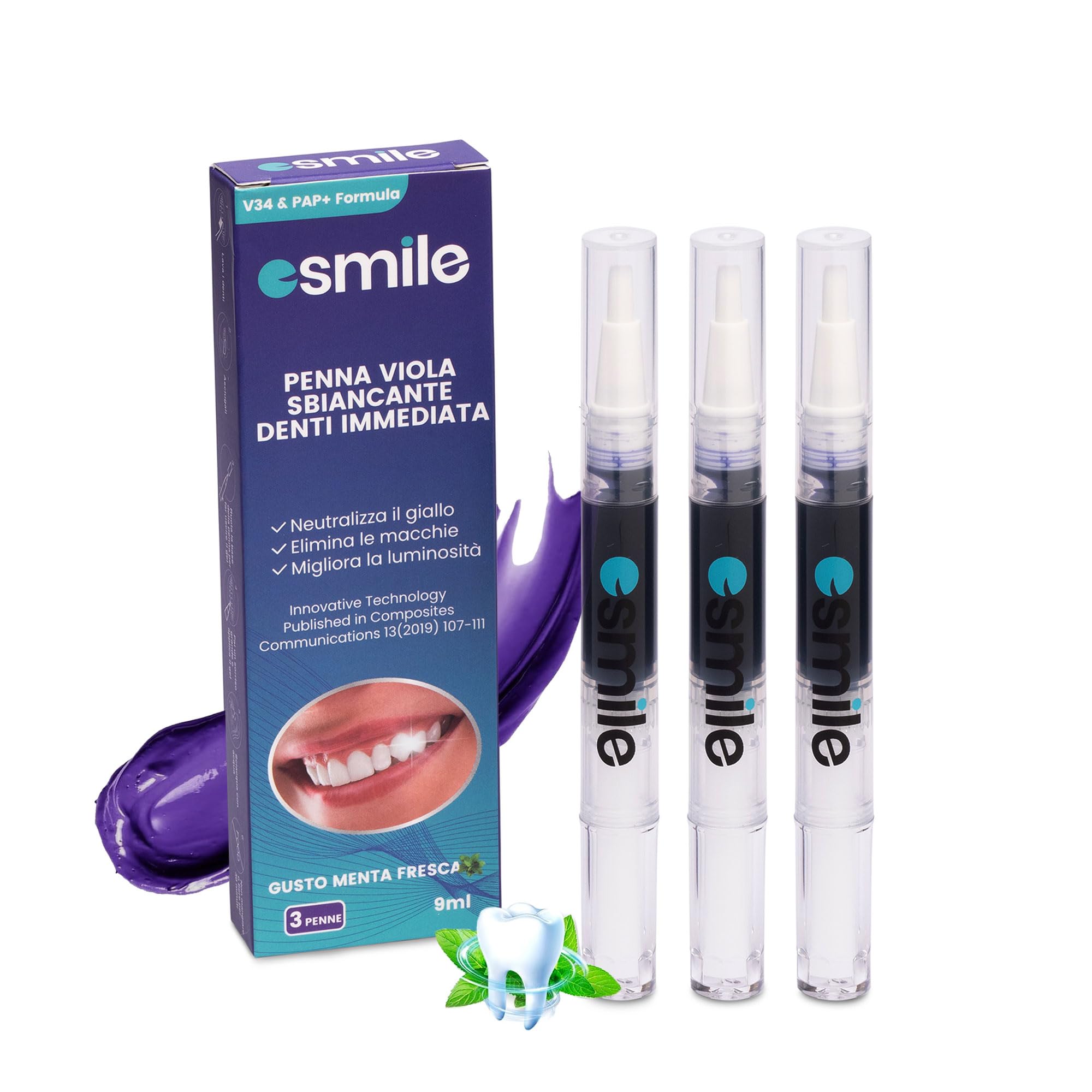 Esmile Set di 3 Penne Gel Sbiancanti Viola, 2 ml