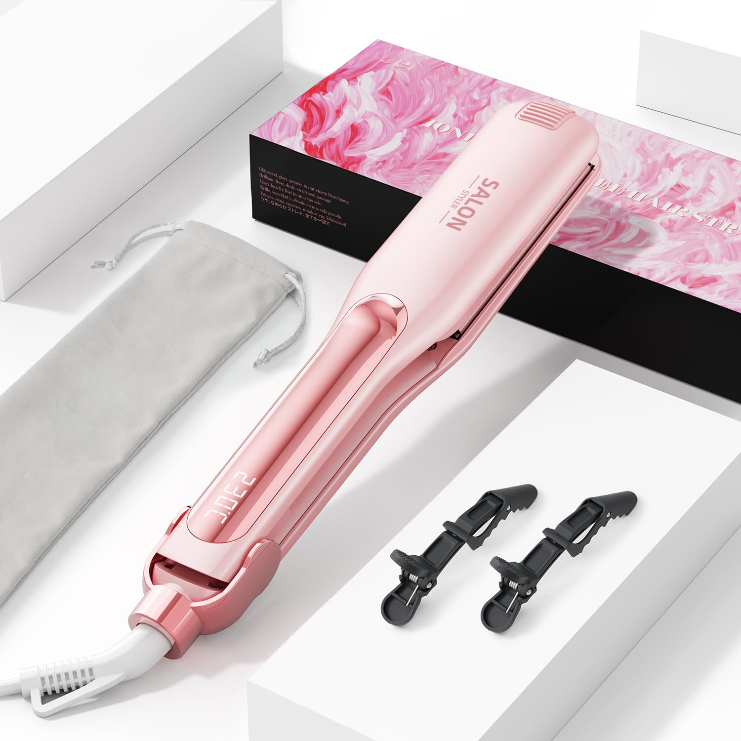 Dekuri planchas del pelo, plancha de pelo de 42 mm, plancha de cerámica sin fricción a base de agua para un cabello sedoso y suave, planchas de pelo profesional para mujeres, 120°C-230°C-Rosa pastel