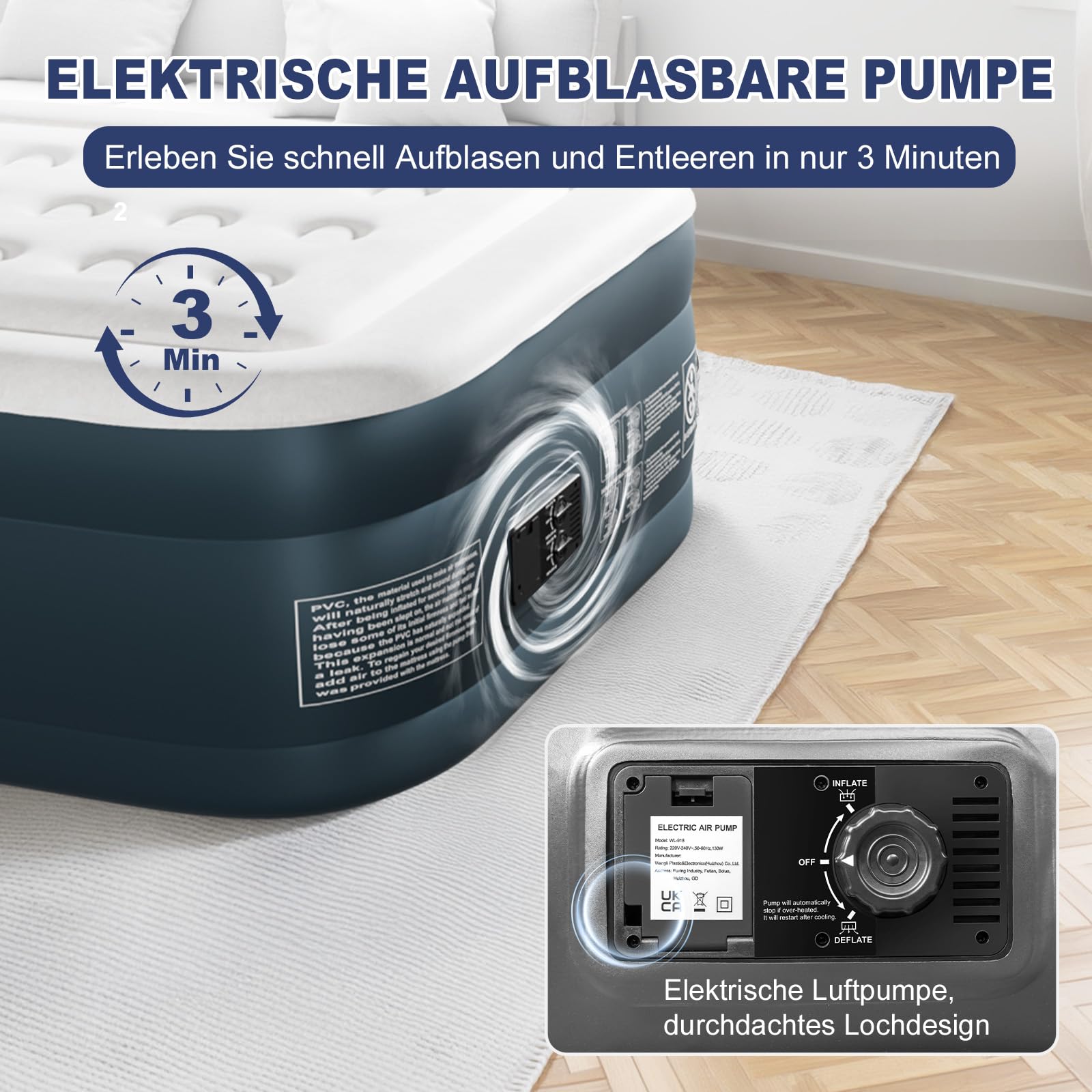 Bonnlo Faltbare Campingmatratze mit Elektrischer Pumpe – Luftmatratze selbstaufblasend Velours-Oberfläche Luftbett Outdoor 100 kg 190 x 99 x 45 cm Grauweiß Dunkelgrau