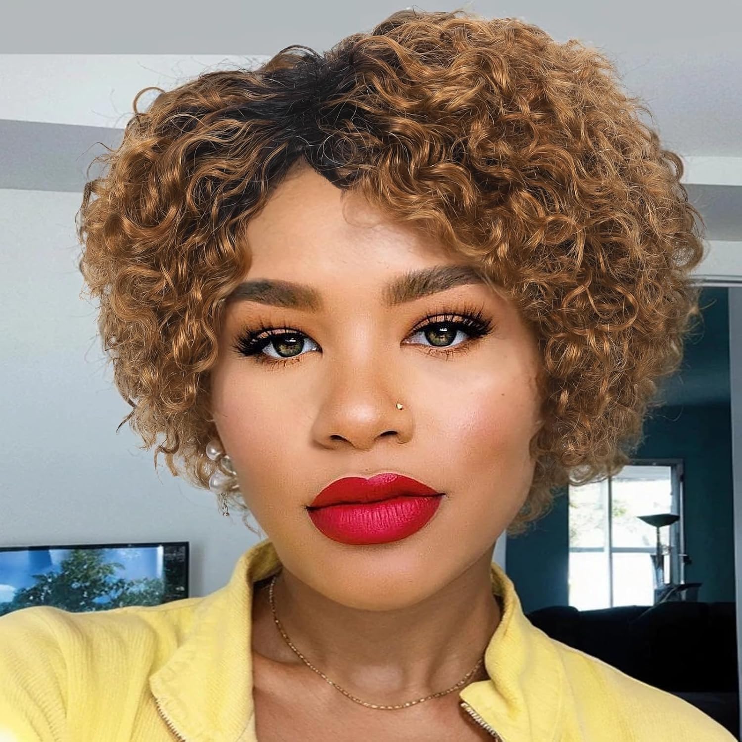 ORAVISTA Ombre Blonde Kinky Curly Human Hair Wigs Glueless Side Part