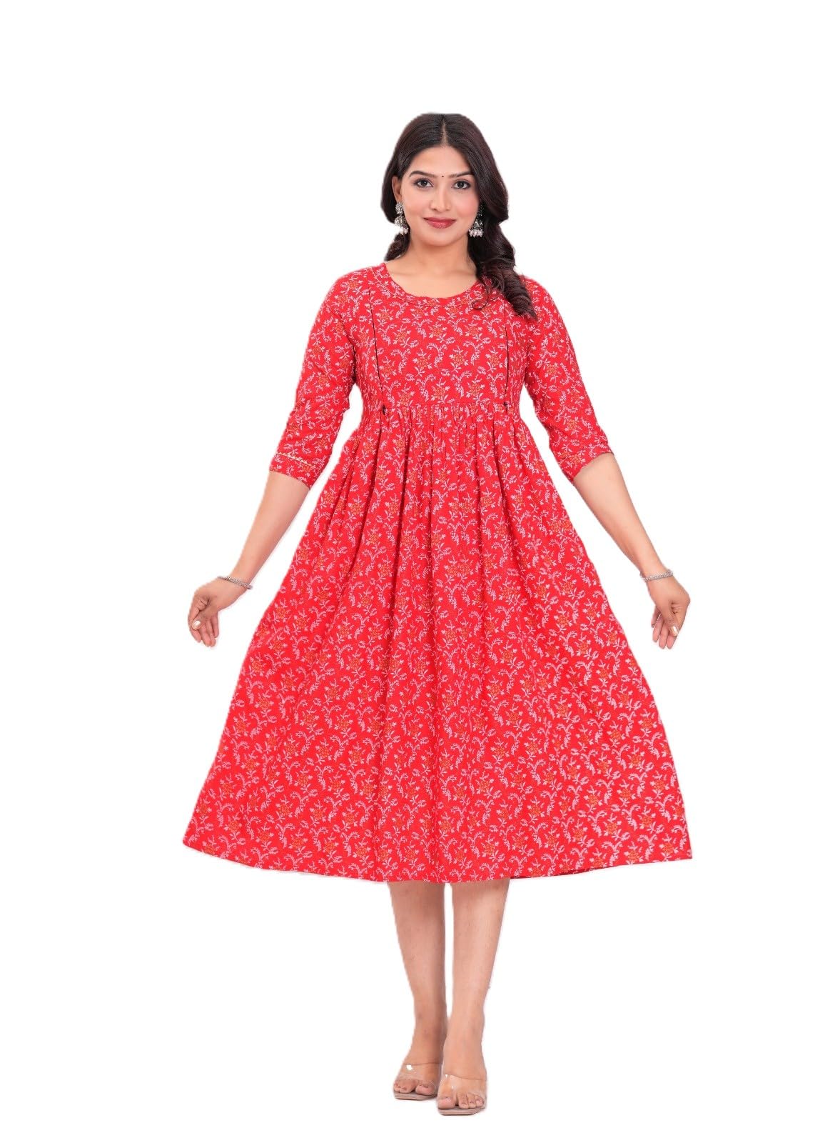 Women's Printed Anarkali Maternity Kurta Dress, Casual Style, Side Zipper, Pink and Red-image-38