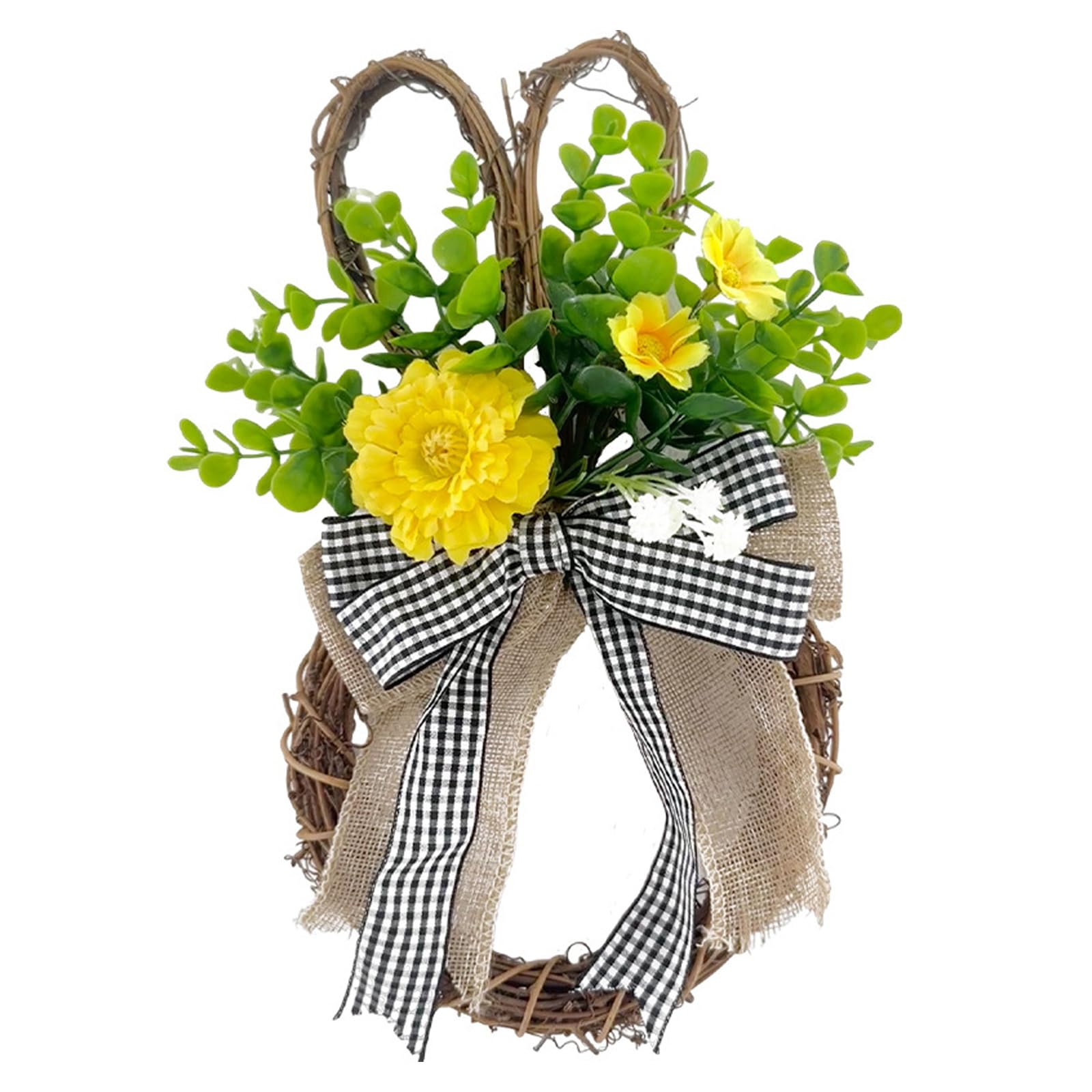 NEWFT Decorative Rabbits Shaped Flower Wreath with Bowknot Handmade Garlands for Garden Decoration Seasonal Accessories