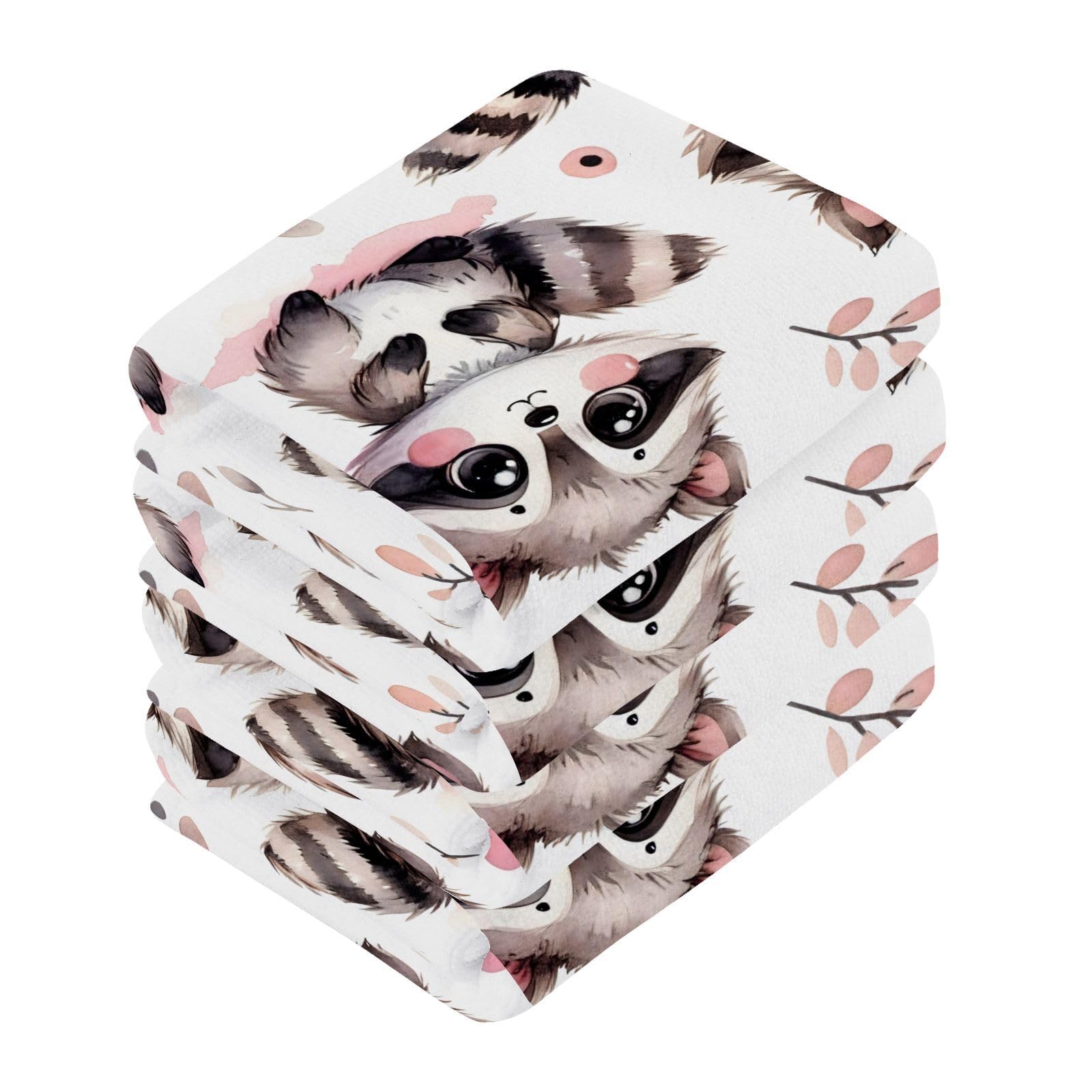 YANENDIE Kawaii Raccoon Pattern Washcloths Towels, Highly Absorbent and Soft Cotton Face Cloths, 4 Pack Quick Dry Wash Cloths - 12 X 12 Inches