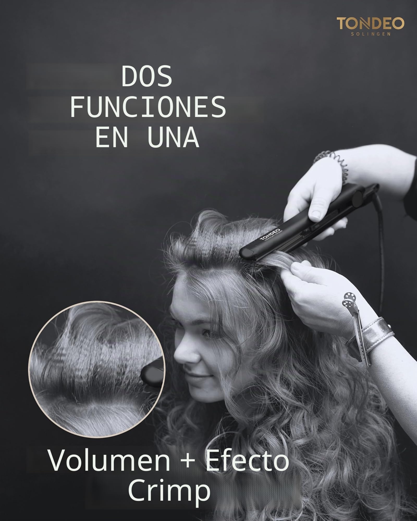 TONDEO Plancha rizadora CERION CRIMP | Ondulador profesional para mayor fijación y más volumen | Placas calefactoras con resorte y temperatura ajustable para un peinado especialmente suave