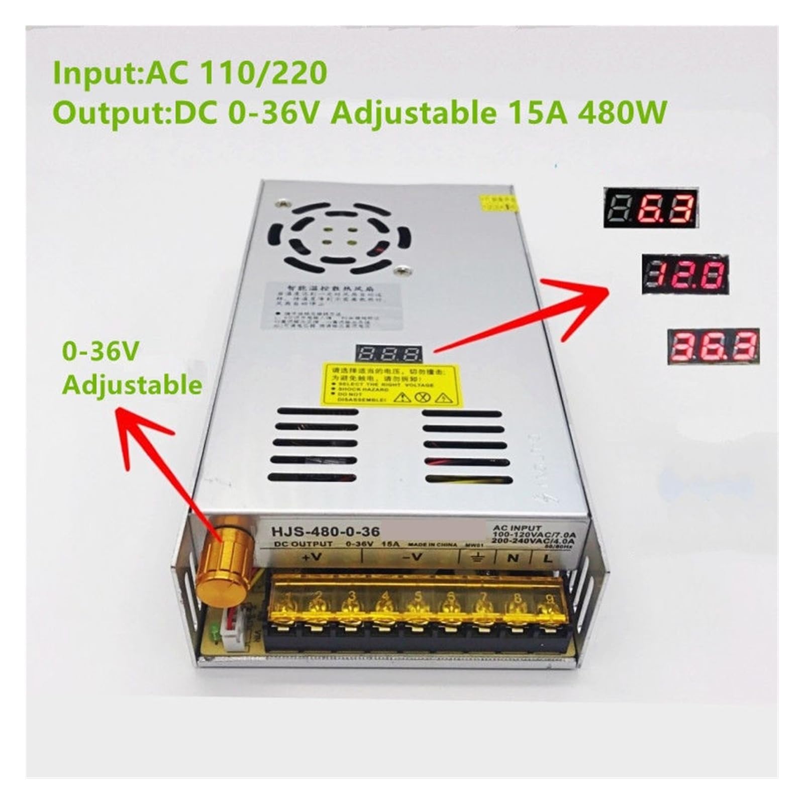 Zasilacz impulsowy 480 W 15 A 0-36 V DC, transformator regulowany napięciem, sterownik LED z wyświetlaczem cyfrowym Kontrola o wysokiej czułości(0-24V 20A)