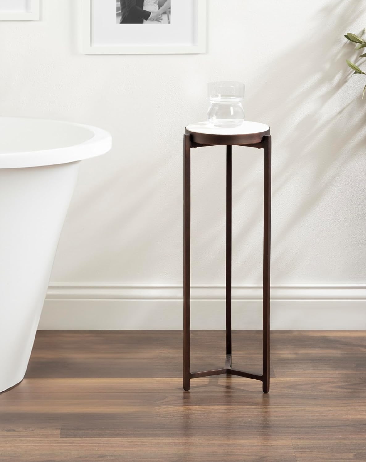 Kate and Laurel Aguilar Modern Round Drink Table, 9 x 9 x 23, White and Bronze, Genuine Marble Accent Table for Small Spaces and for Use as Small Plant Stand