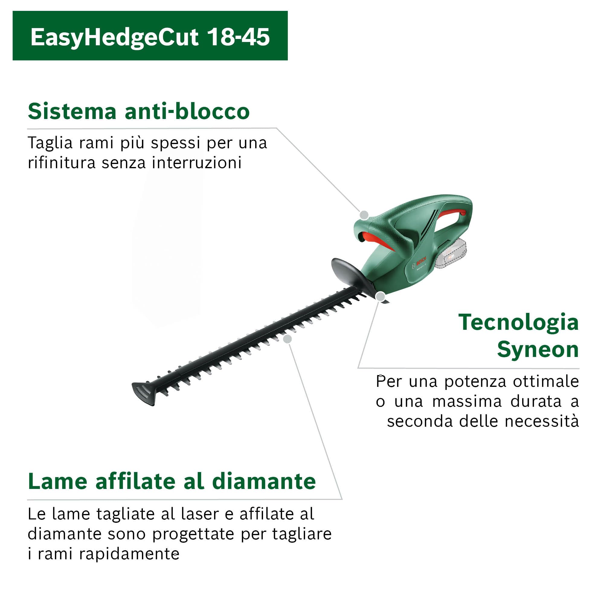 Bosch Home and Garden Tagliasiepi a Batteria EasyHedgeCut 18-45, 1 Batteria da 2.0 Ah, Sistema da 18 Volt, Lama da 45 cm, Confezione in Cartone