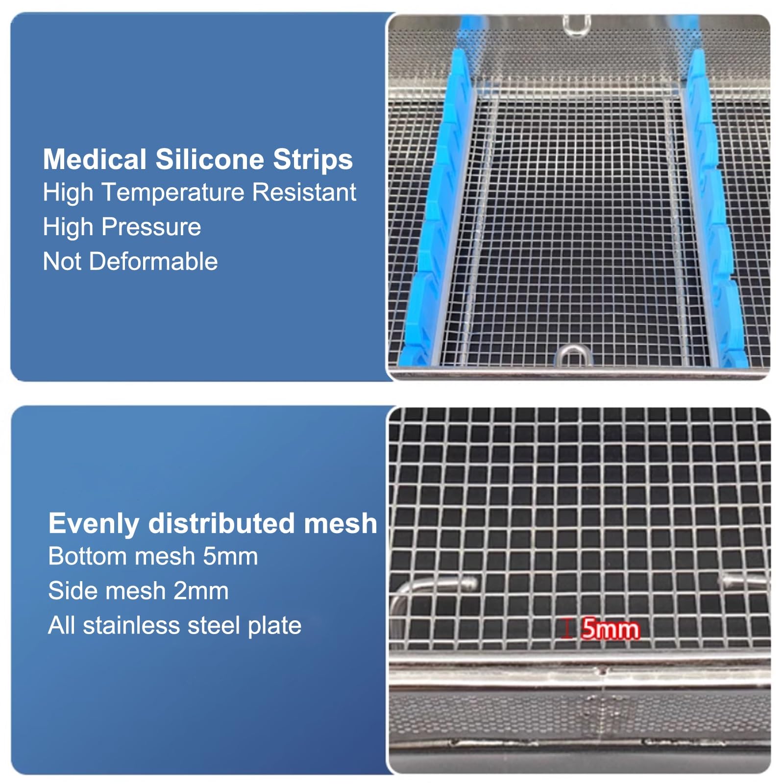 Cestello for la disinfezione perforato in acciaio inox, cestello for attrezzature mediche con coperchio, rete laterale da 2 mm, con strisce di silicone, maniglia for il trasporto(40x25x7cm/15.7x9.8x2.