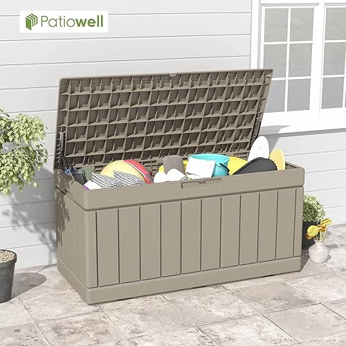 Vista 90 de Patiowell 30 Gallon Resin Deck Box, Outdoor Storage Box for Patio Furniture, Deliveries, Pool Supplies,Waterproof and Lockable, Grey
