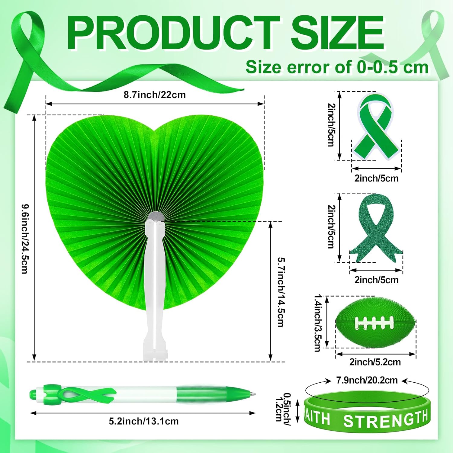 Wonderjune Mental Health Awareness Green Items Bulk Ribbon Stickers Stress Football Folding Fan Tattoo Sticker Silicone Bracelet for Charity Events Gifts Supplies