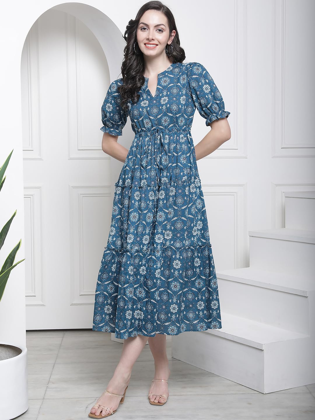 Claura Blue Floral Printed Mandarin Collar Tiered Cotton Cambric Fit & Flare Midi Dress (Large) 3