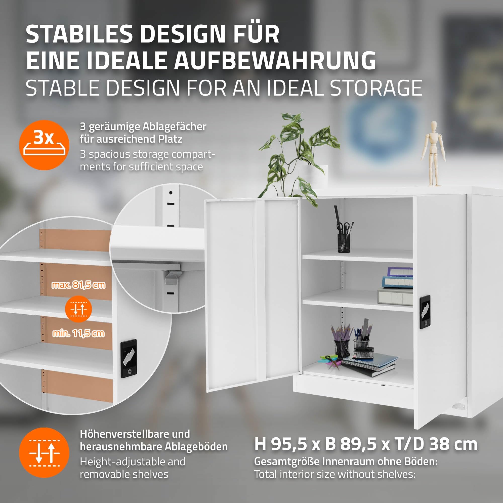 ML-Design Armadio per Archiviazione con Serratura Bianco 90x40x90 cm Acciaio Schedario 2 Ripiani Regolabili in Altezza Armadio per Ufficio a 2 Ante Mobiletto Portadocumenti Armadietto