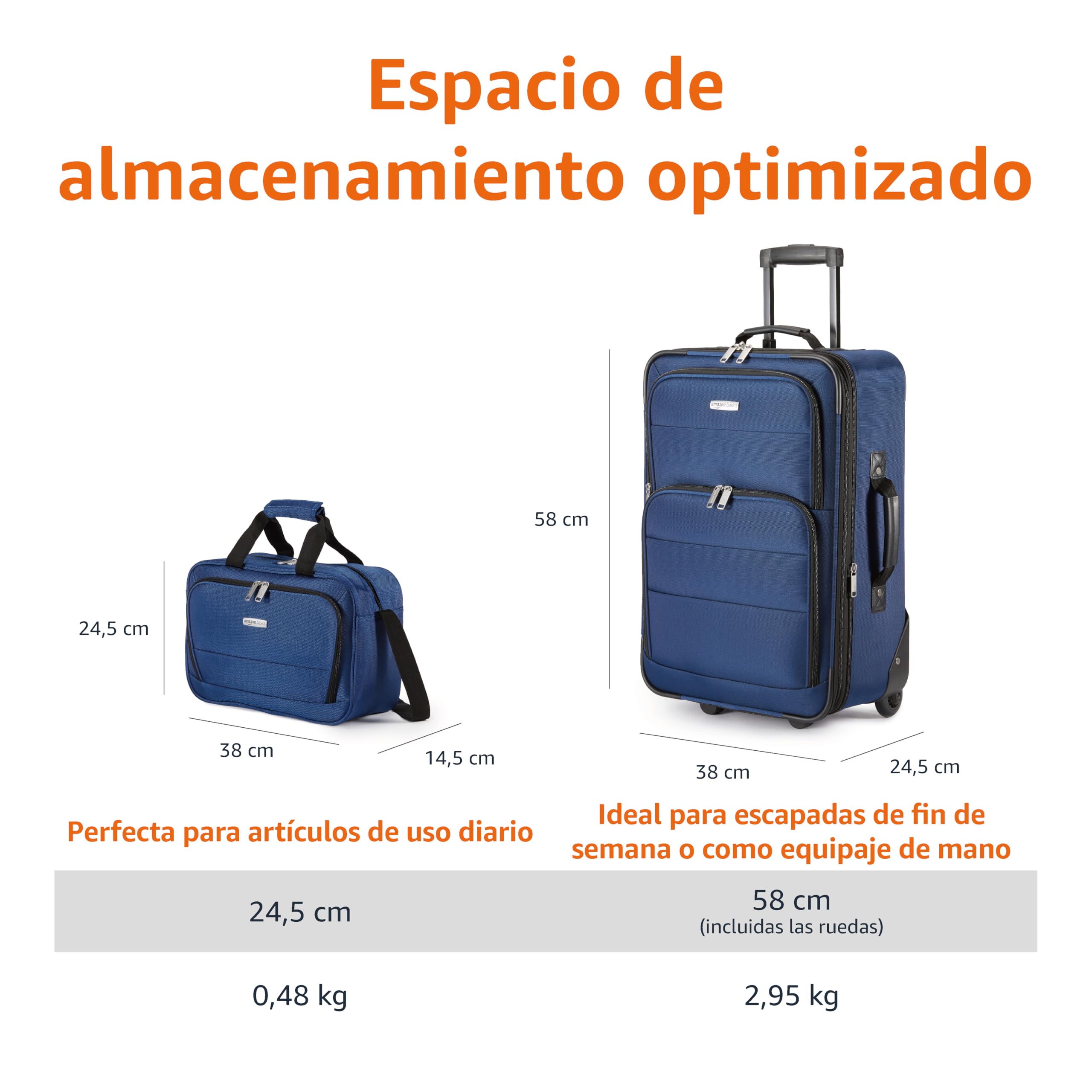 Amazon Basics Juego de Equipaje Blando de 2 Piezas, Maleta de Mano Expandible (58 cm) y Bolsa de Mano (25 cm), Ligeros, 100% Poliéster, Apilable, Azul Marino