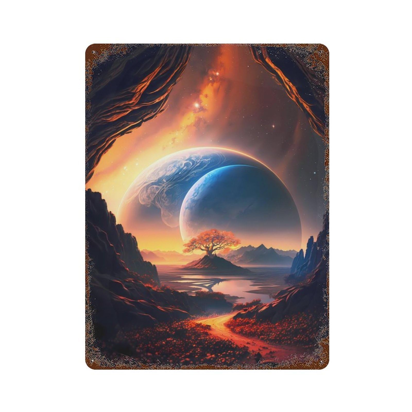 God Tree Planet Cosmos Vintage Wall Sign 15.7"x11.8", Rust Effect Metal Decor for Bistro, Counter And Cafe Decor