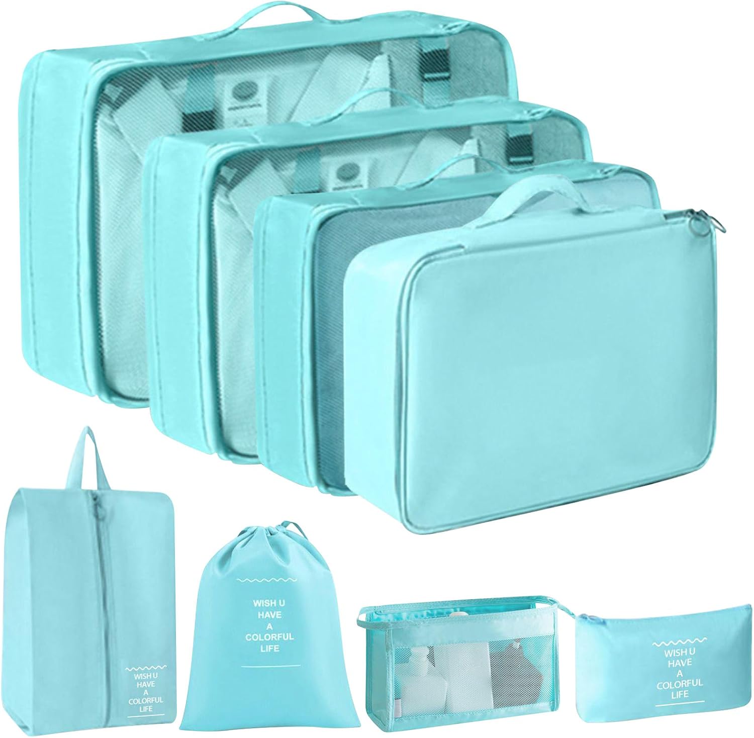 8 Set Packing Cubes for Suitcases, INVODA Travel Luggage Packing Organizers with Laundry Bag, Compression Storage Shoe Bag, Clothing Underwear Bag (Blue)