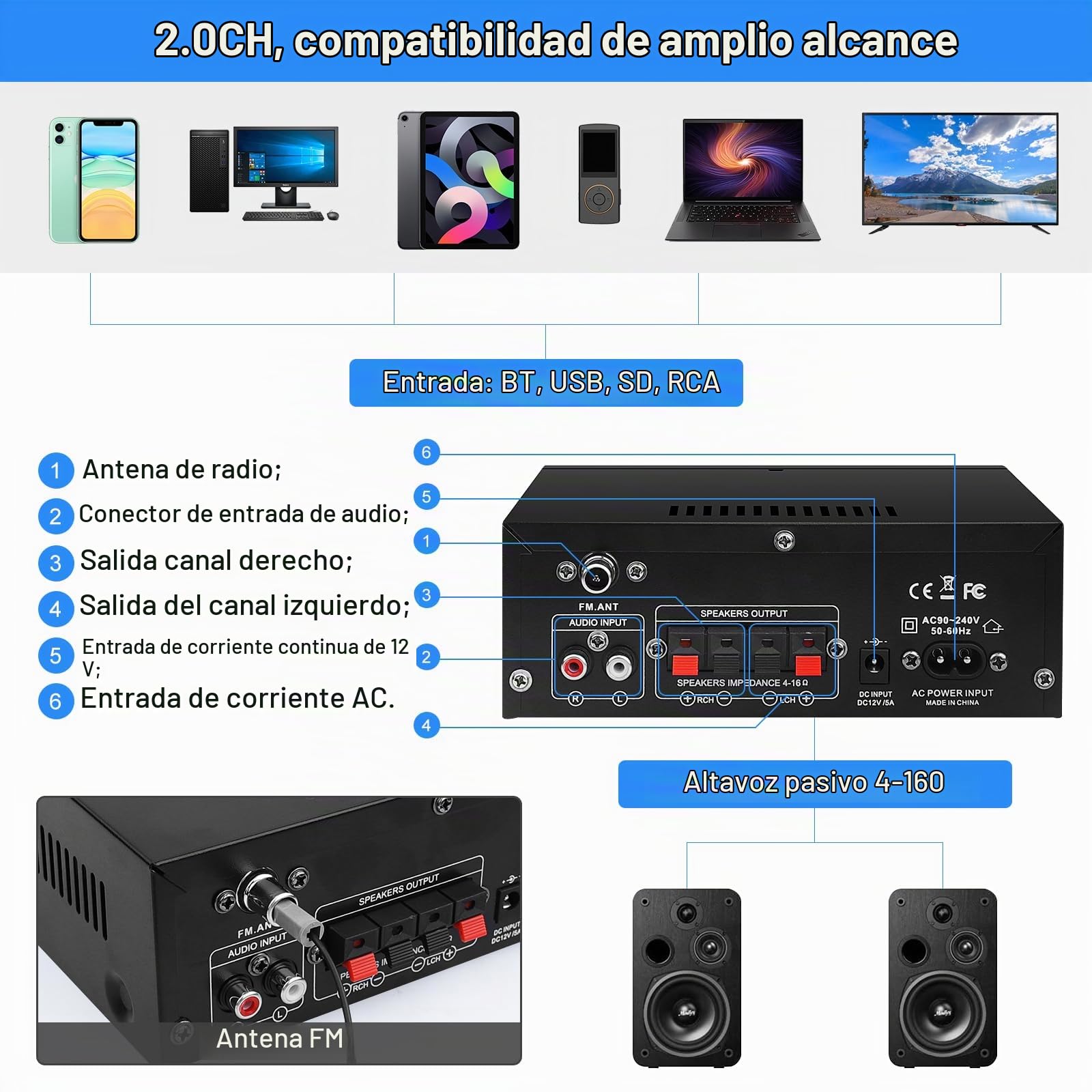 Amplificador de Audio HiFi Siekkey con Bluetooth, Mini Amplificador Estéreo 2.0 Canales 400W X 2, Radio FM, BT, Mic, Entrada SD/USB, Cable de Audio para Home Cinema | Amplificador 2.0 canales 400W x 2 con radio FM, BT MIC, entrada SD/USB, cable de audio p