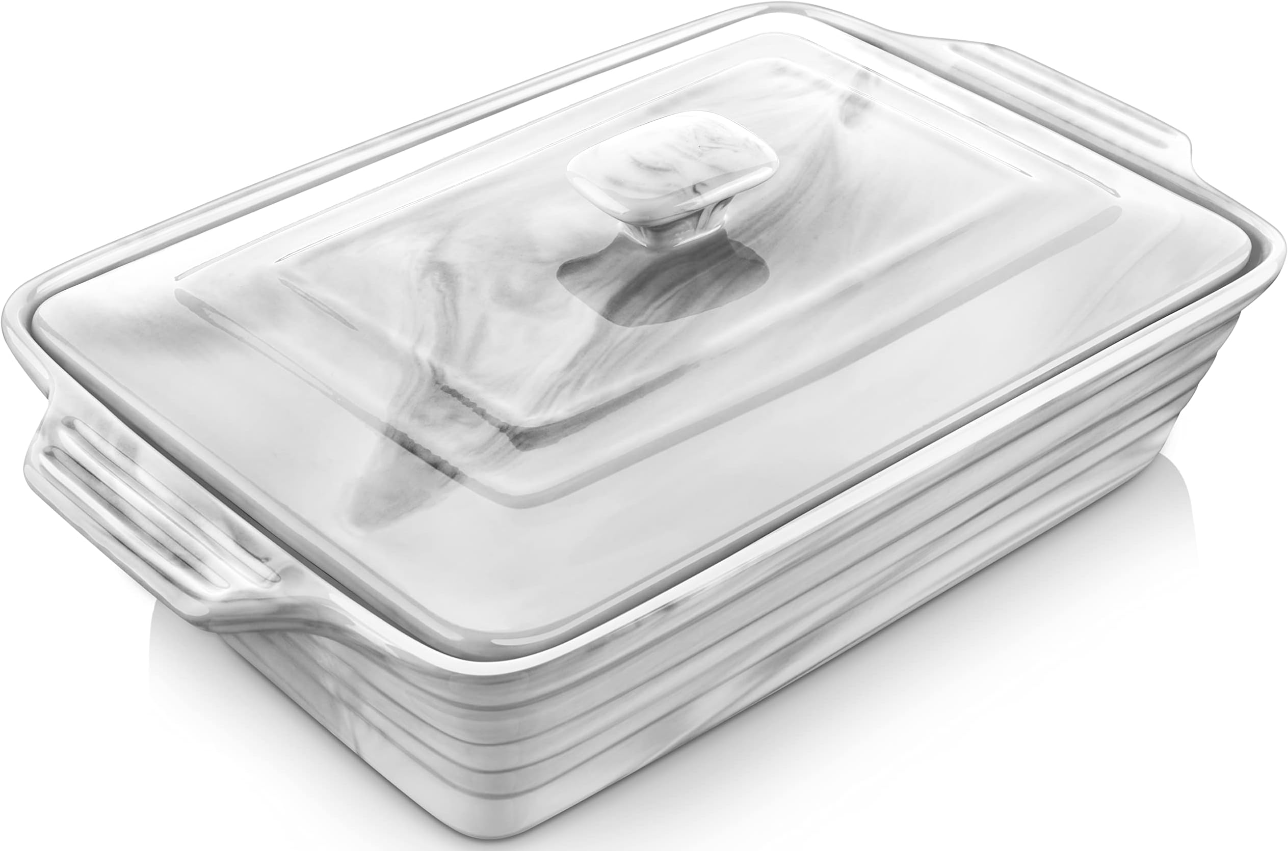 MALACASA 4.4 Qt Large Casserole Dish with Lid, Ceramic Baking Dish for Oven | Microwave & Dishwasher Safe, Lasagna Pan Deep with Lid and Handles, Keeps Food Moist, Smooth Glaze, Series BAKE-GREY