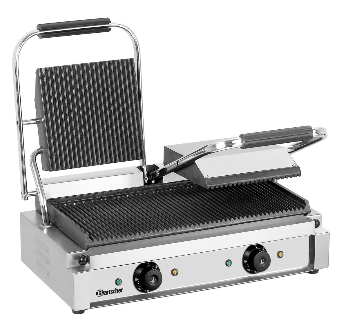 Bartscher Kontaktgrill 3600 2R aus Edelstahl mit 2 gerillten Gusseisen-Grillplatten, 3,6 kW, thermostatisch regelbar, silbergrau, für Gastronomie