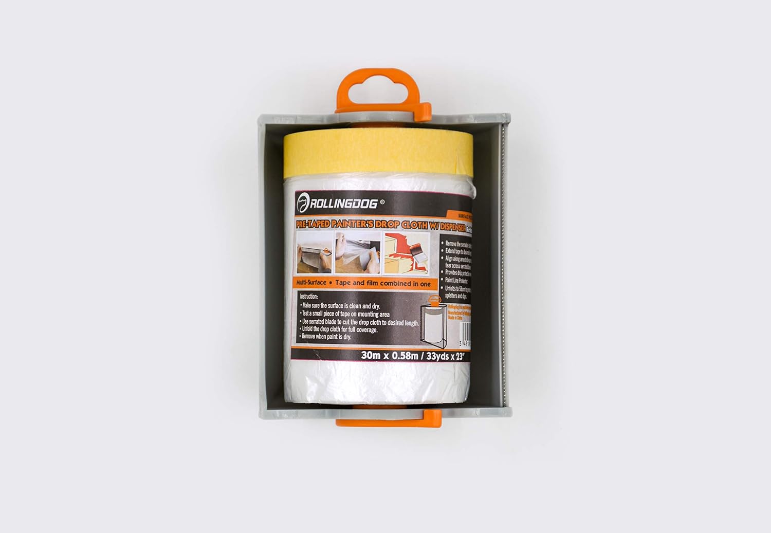 ROLLINGDOG Pre-Taped Plastic Masking Film with Dispenser 30 Meters X 58cm for Surface Protection While Painting