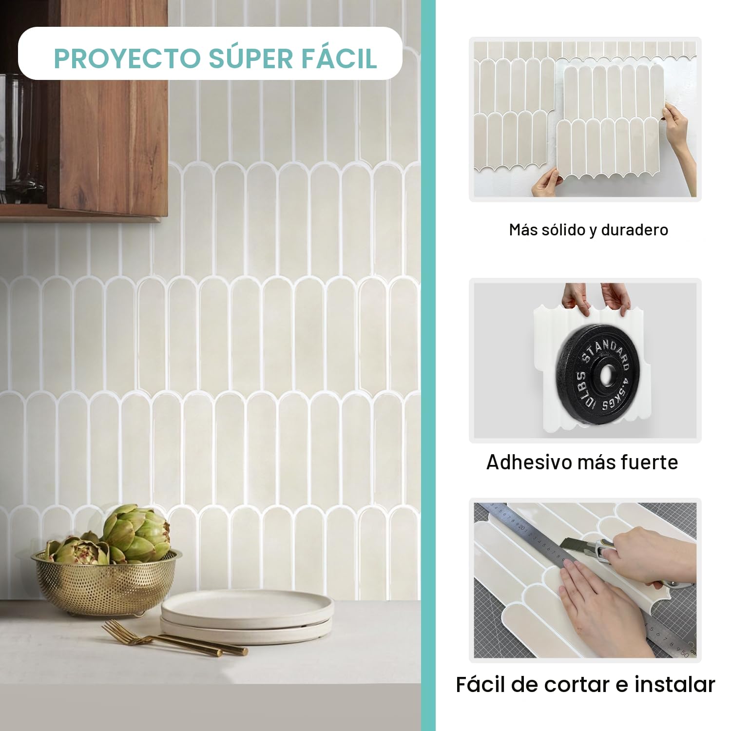 Commomy Gruesas Azulejos Adhesivos Cocina, 10 Piezas, Crema Vinilo Pared Cocina Baldosas Adhesivas 3D para Pared Baño Metro, Adhesivas Fuertes, Impermeables, 30,5 x 30,5 cm