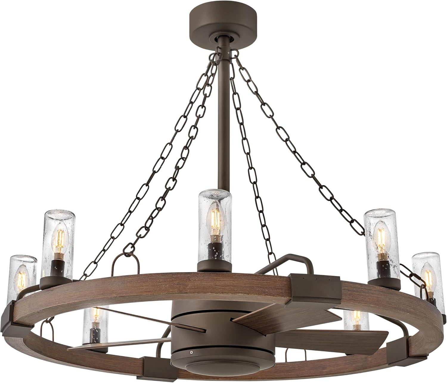 Hinkley Sawyer 36 Inch Extra Large Fandelier Wagon Wheel Chandelier with Fan Outdoor Smart Wagon Wheel Ceiling Fan LED Remote App Control Rustic Patio
