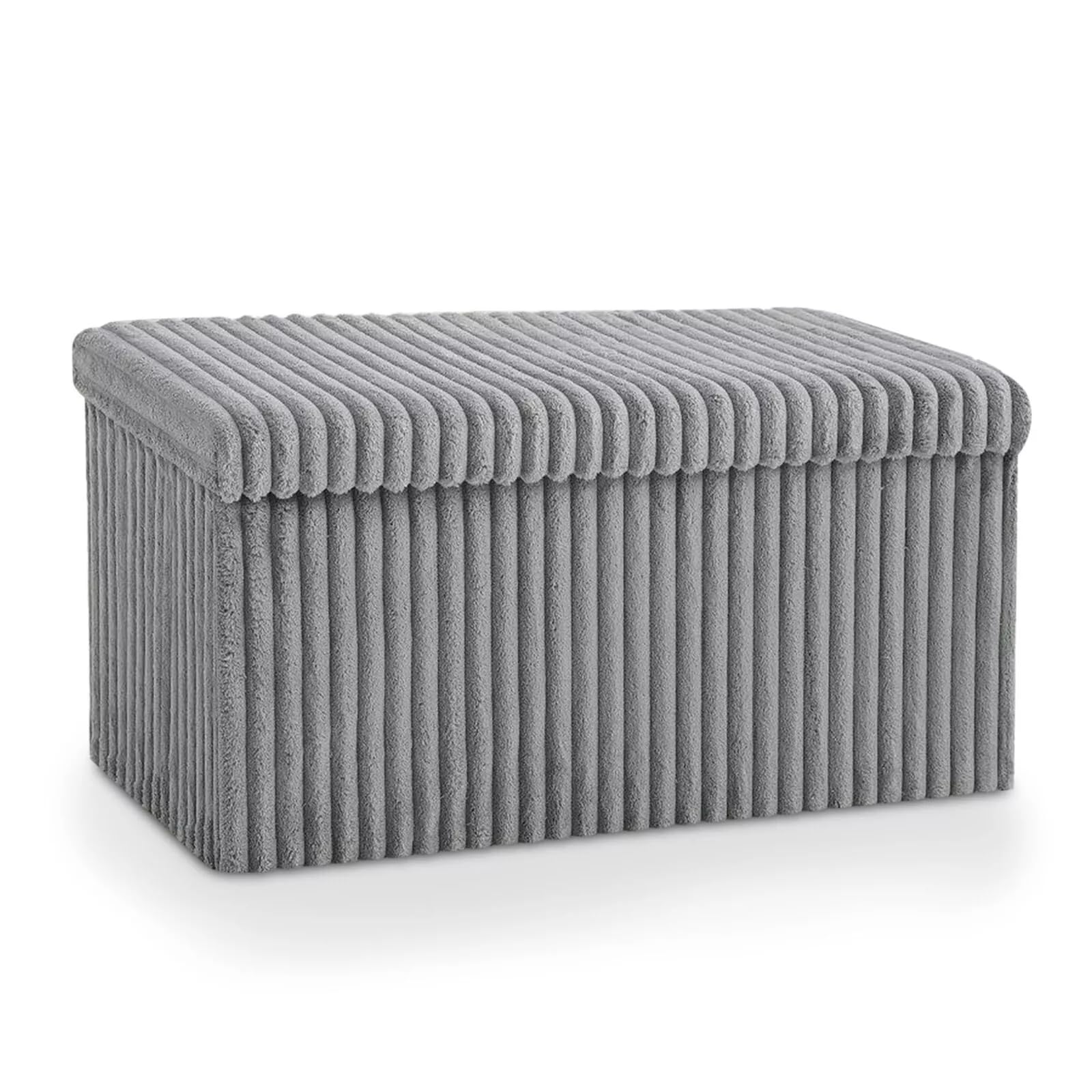 LIZZIE JACOBS New Ribbed Storage Box Large Capacity Ottoman Multi-Purpose Seat Foot Stool Bench Folding Storage Organizer with Lid for Kids Toys Bedroom Hallway Living Room (Grey, Large - 76x35x35cm)