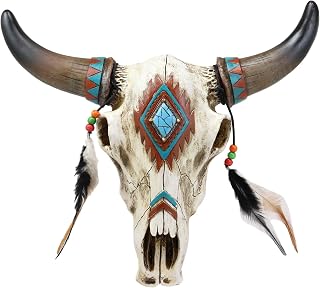 Ebros 12.5" Wide Western Southwest Steer Bison Buffalo Bull Cow Horned Skull Head with Faux Turquoise Diamond and Dream Catcher Feathers with Beads Wall Mount Decor Native Animal Totem Bust Skulls
