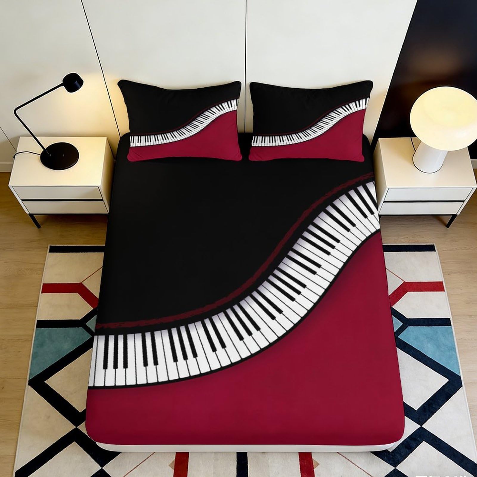 3D Printed Piano Keyboard Fitted Sheet Microfiber Soft Breathable Music Bed Cover for Bedroom Dormitory Guest Room Mattress Protection 160x200x25cm