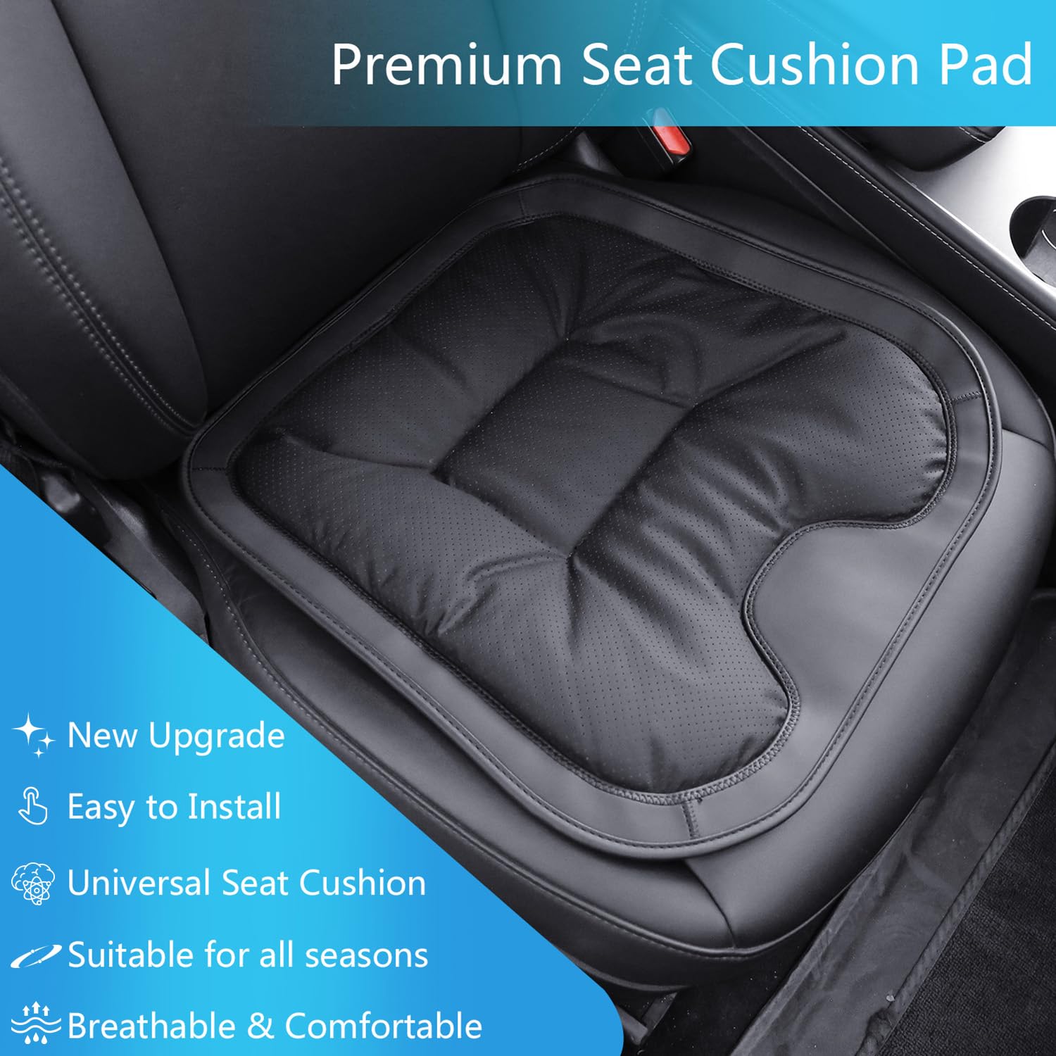 Cuscino per Sedile Posteriore Auto, Cuscino del Sedile per Auto Coprisedile Comfort Traspirante in Nappa, Coprisedile Universale Auto Pelle per Sedile Anterior (Nero, 2 Pezzo)