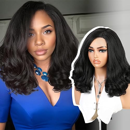 Quantum Love Yaki Curly Wigs Layered Side Part Short Body Wave Wigs for Women Glueless Lace Part Synthetic Bob Wavy Hair (Natural Black, 16inch)
