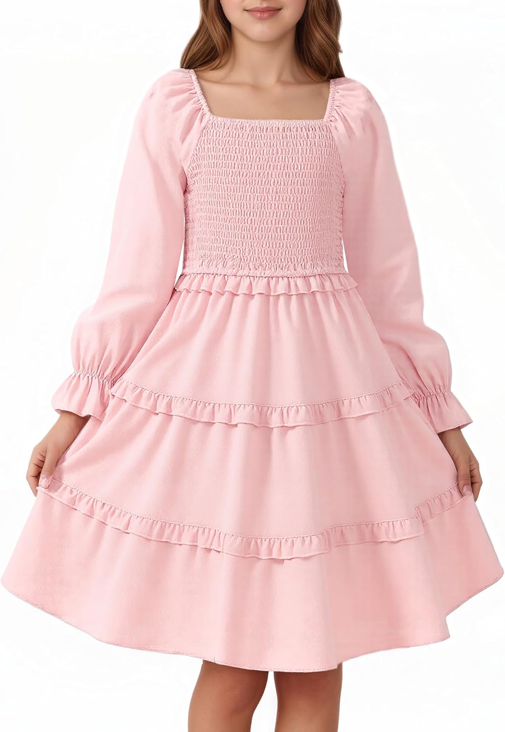JiAmy Girls' Puff Long Sleeve Smocked Tiered Dress, Square or Off-Shoulder