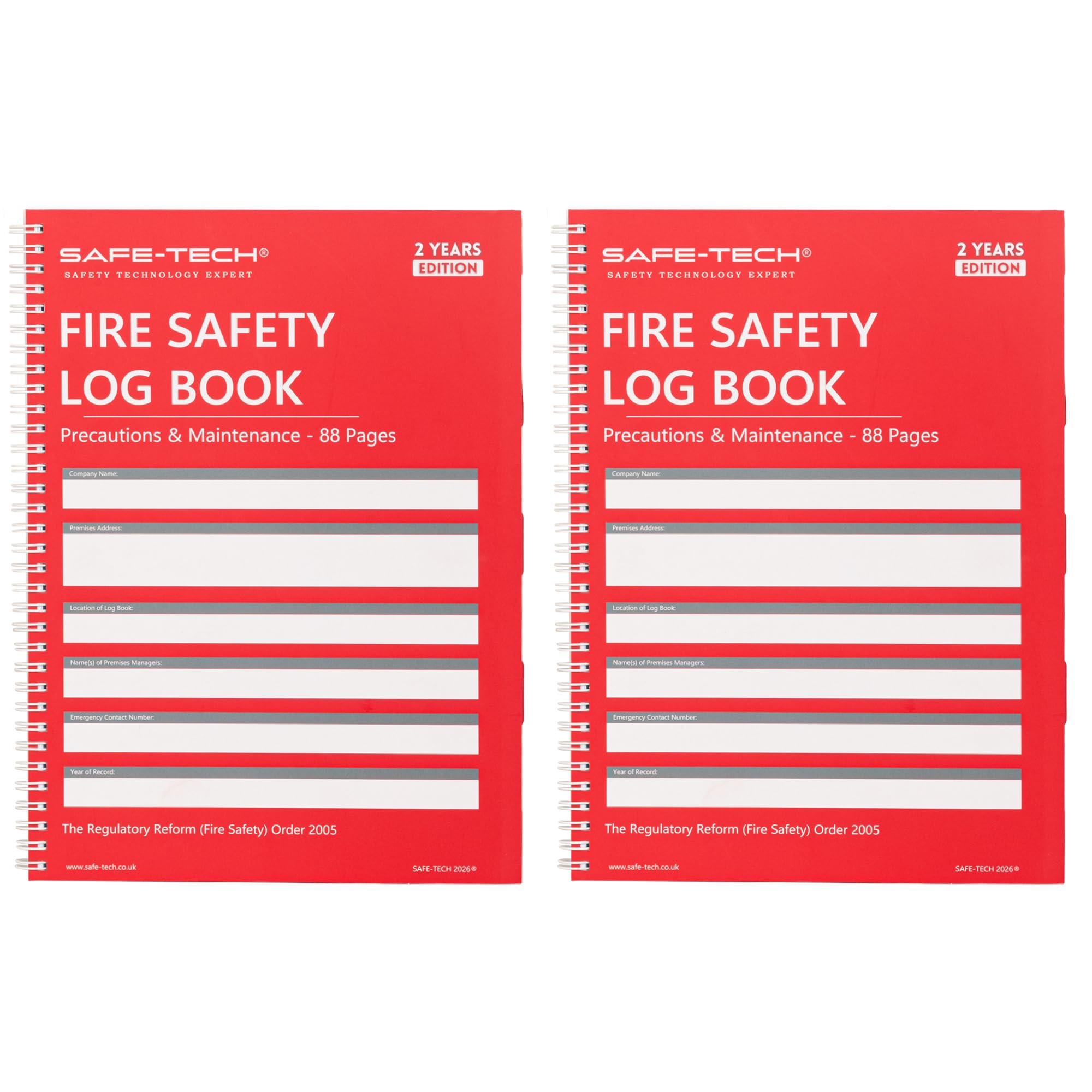 2 Pack SAFE TECH 2026 2 Years Fire Safety Log Book, A4 88 Pages Fire Alarm Record Log Book for Property Management, Meet NI Fire Safety Compliance Rules