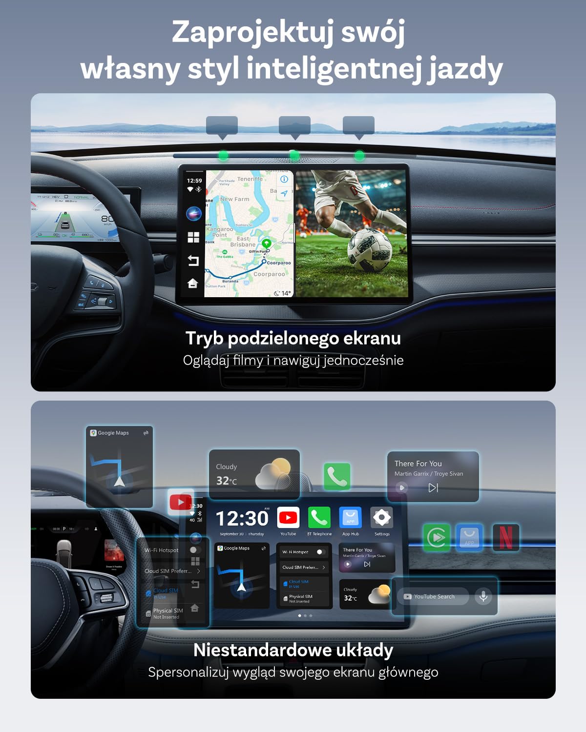 OTTOCAST E2 AI Box, 2026 Ulepszona 3-w-1 Bezprzewodowy Adapter CarPlay i Android Auto, Android 13 Multimedialny Samochodowy z Netflix YouTube, Obsługą WiFi i Karty SIM 4G, 4+64 GB, Aktualizacja OTA