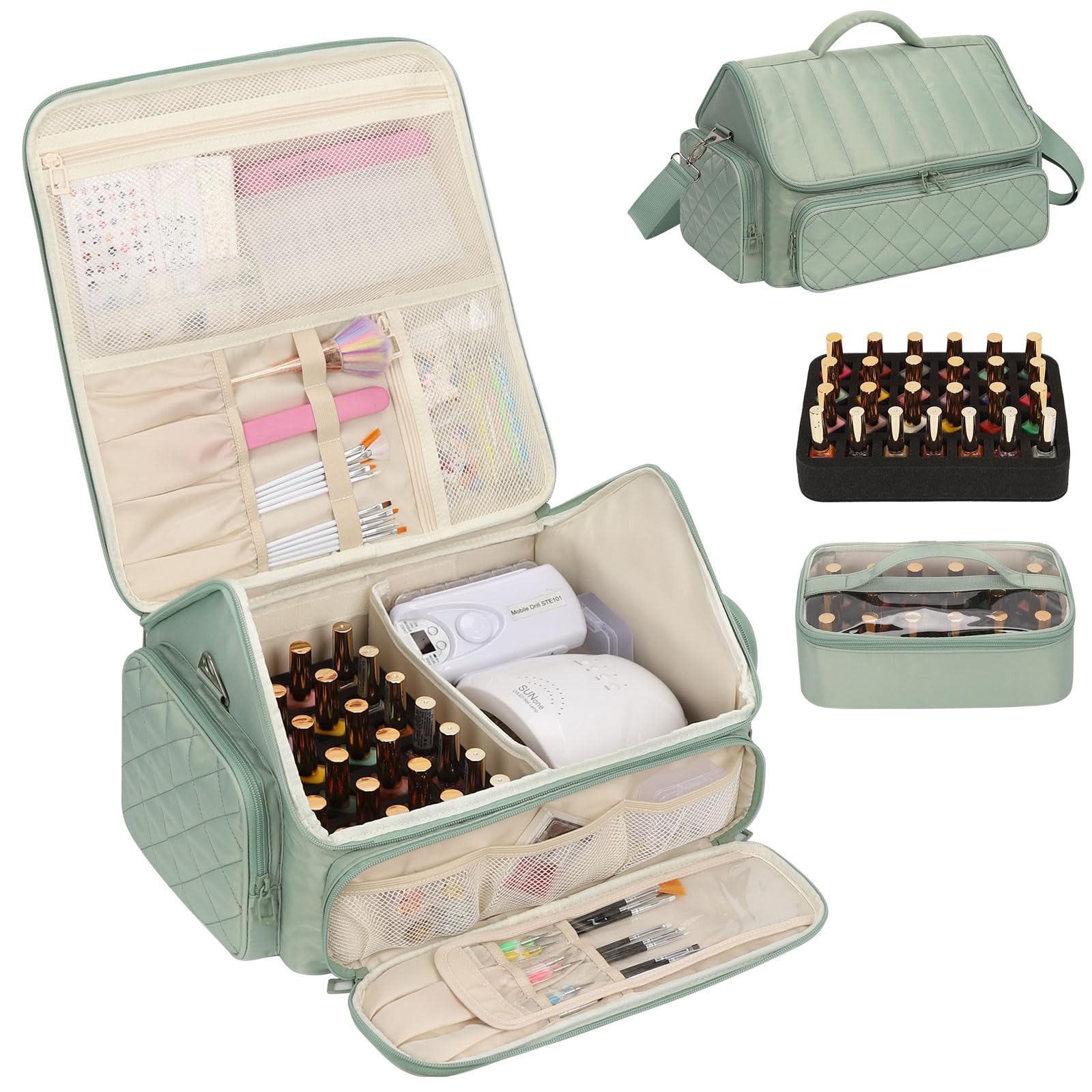 onemoky Nail Polish Organizer, Nail Organizers and Storage Bag Holds 43-65 Bottles Nail Polish and Nail Lamp, Travel Nail Tech Case Nail Bag Organizer Case for Nail Supplies & Manicure Tools, Green