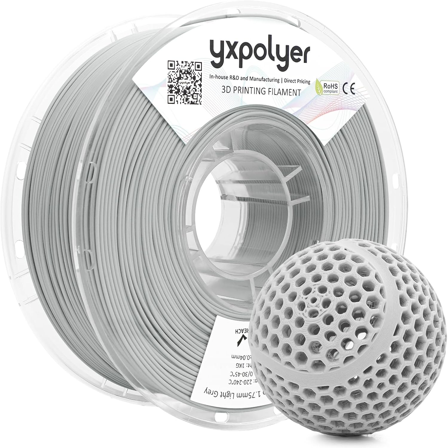 YXPOLYER Flexible PLA Food-Grade Soft PLA 3D Printer Filament 1.75mm 1KG for Printing Dog Chew Toys and Highly Elastic Bouncy Airless Basketball Pet Ball, Light Grey