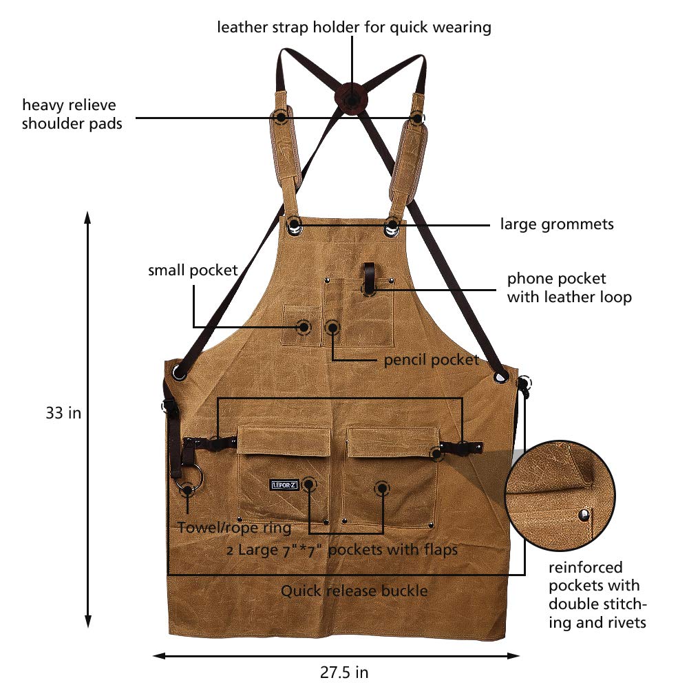 Tablier de travail pour hommes,Tablier de Soudure avec 8/10 Poches,tablier à outils en toile cirée robuste pour charpentier,menuisier avec sangles croisées dans le dos,réglable M à XXL,brun