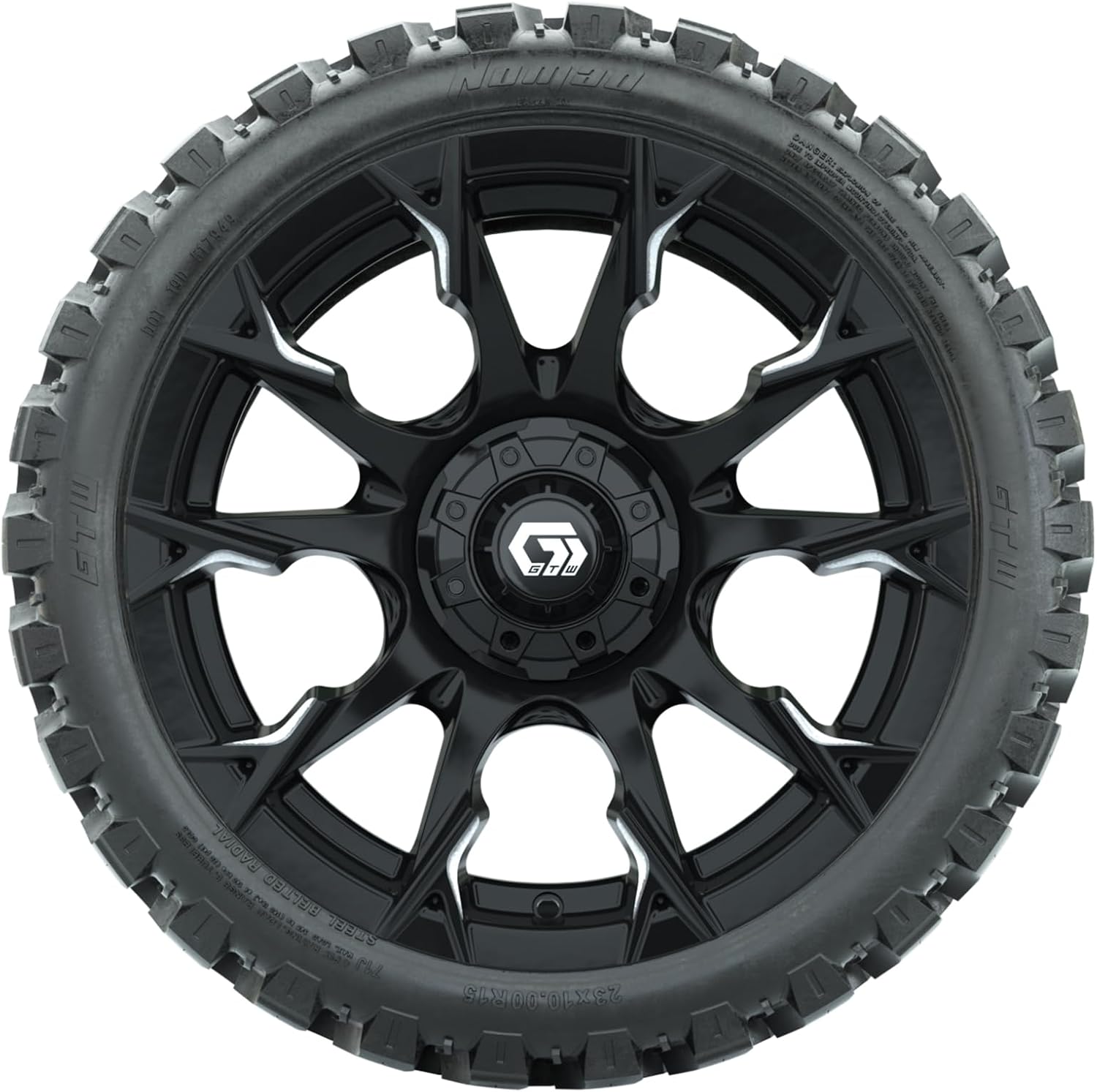 GTW 15 Inch Golf Cart Wheels and Tires Combo | GTW Diablo Gloss Black/Machined Wheels on 215/40-R15 (22") Fusion GTR Steel Belted Radial Street Tires | Set of 4
