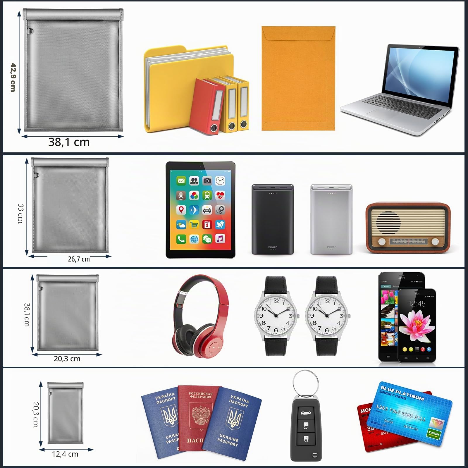 Faraday Bag Keyless Go Lot de 4 sacs de protection contre les radiations, bloquant les signaux RF ignifuges et étanches, GPS/RFID, bloqueur de signal pour tablettes/téléphone portable/clés de