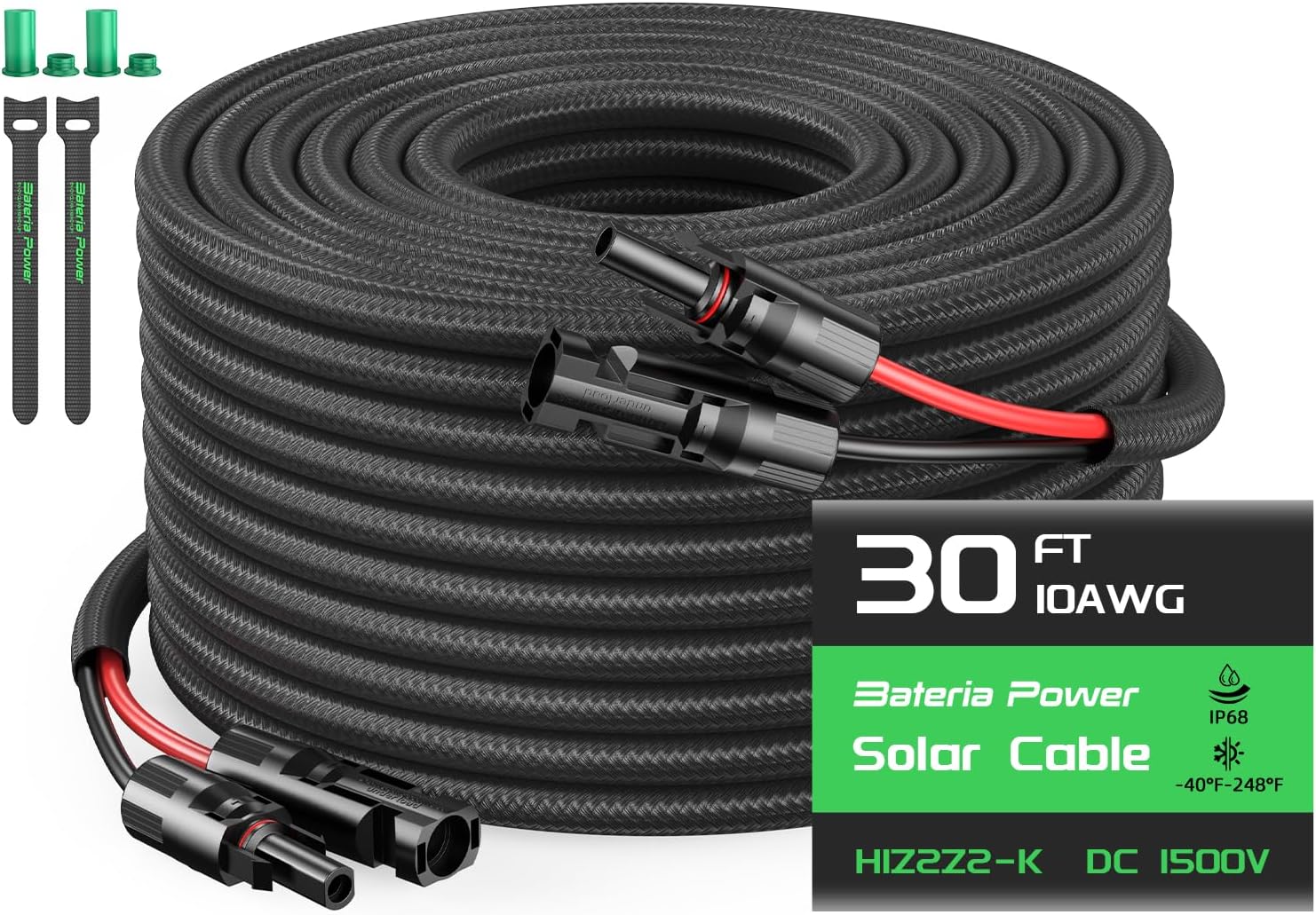 10AWG 30FT Solar Panel Extension Cable, Flame Retardant Protective Sleeving,Bateria Power Twin Wire 10 Gauge Solar Cable with IP68 Female & Male Waterproof Connectors, Dust Caps for Home, RV