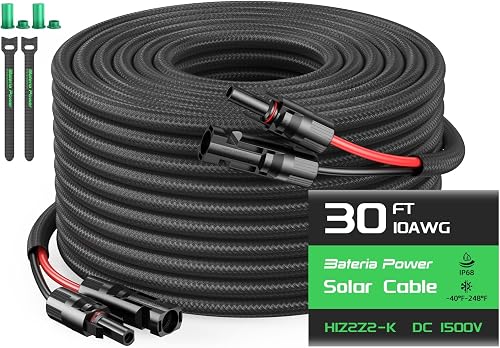 BateriaPower 10AWG 30FT Solar Panel Extension Cable with Flame Retardant Protective Sleeving and IP68 Waterproof Connectors