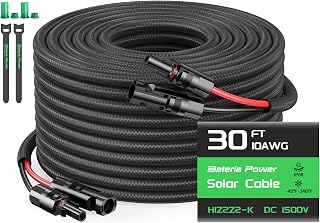 Bateria Power 10AWG 9.1m(30피트) 태양열 패널 연장 케이블, 난연성 보호 슬리브 트윈 와이어 10게이지 태양열 케이블, IP68 암 및 수 방수 커넥터, 가정, RV용 더스트 캡