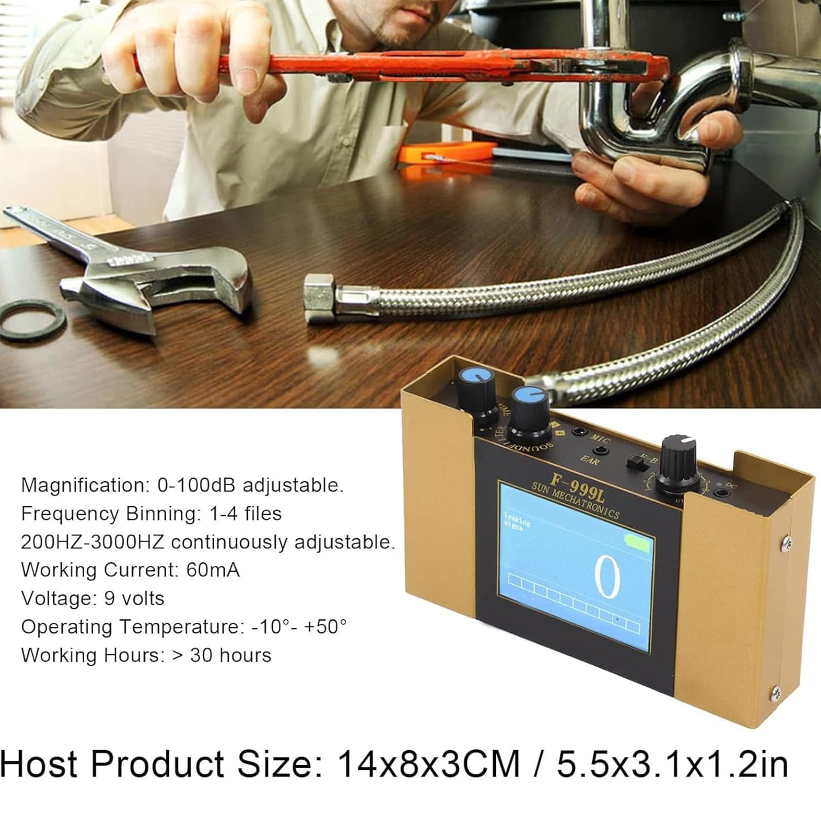 Detector Profesional de Fugas de Agua, Geófono de Alta Precisión para Tuberías Subterráneas, Sensor Localizador de Pérdidas en Cañerías de Agua Potable（F-999L）