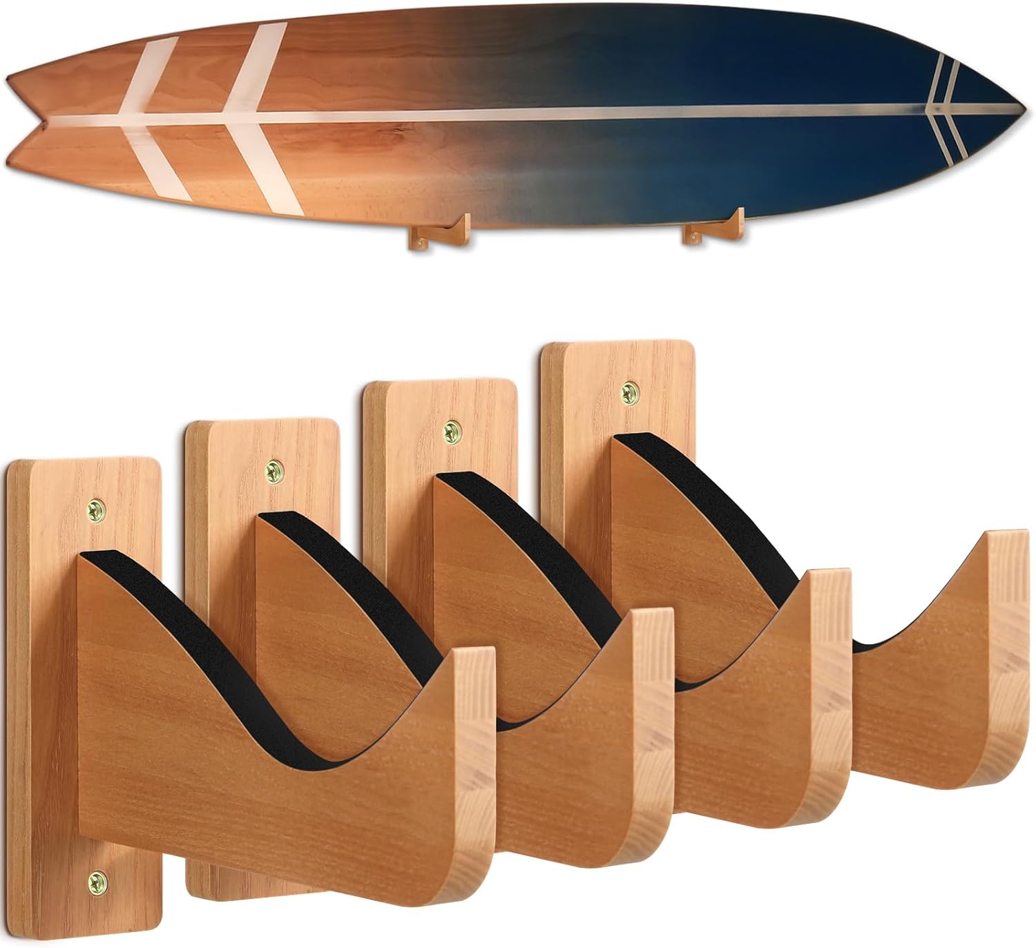 4 Pcs Wood Surfboard Wall Mount, Ash Surf Board Wall Hangers, Surfboard Racks Wooden Holder Hooks for Display Your Board, Surf Racks, Horizontal Hanger, Surfing Accessories